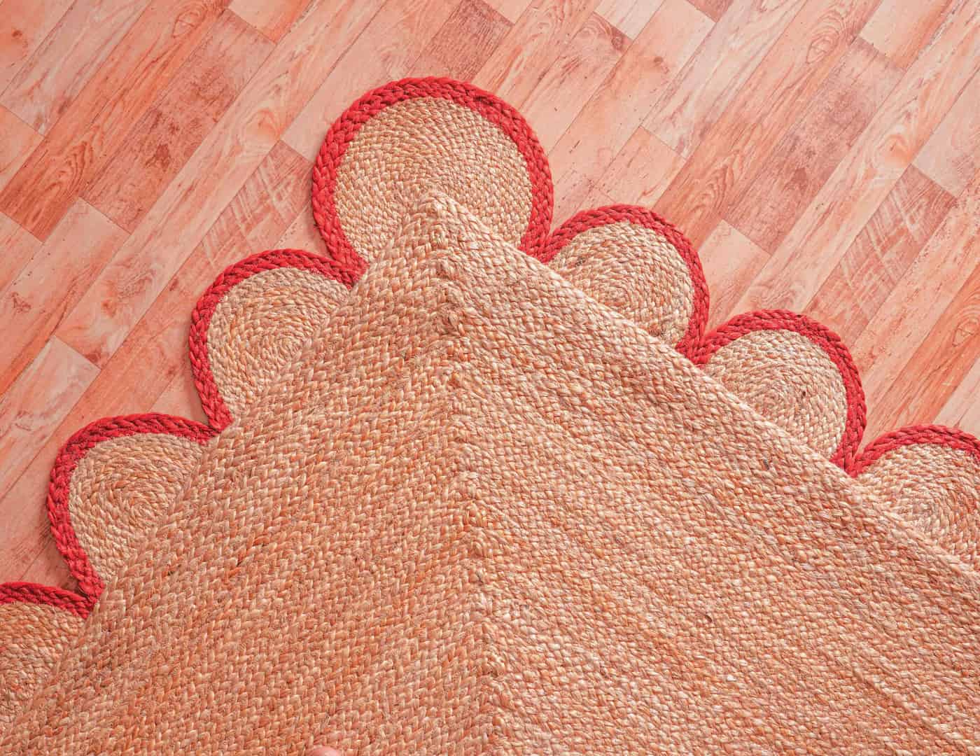Scalloped Hand Braided Bohemian Natural Jute Runner Rug with Red and White Border - Image 6