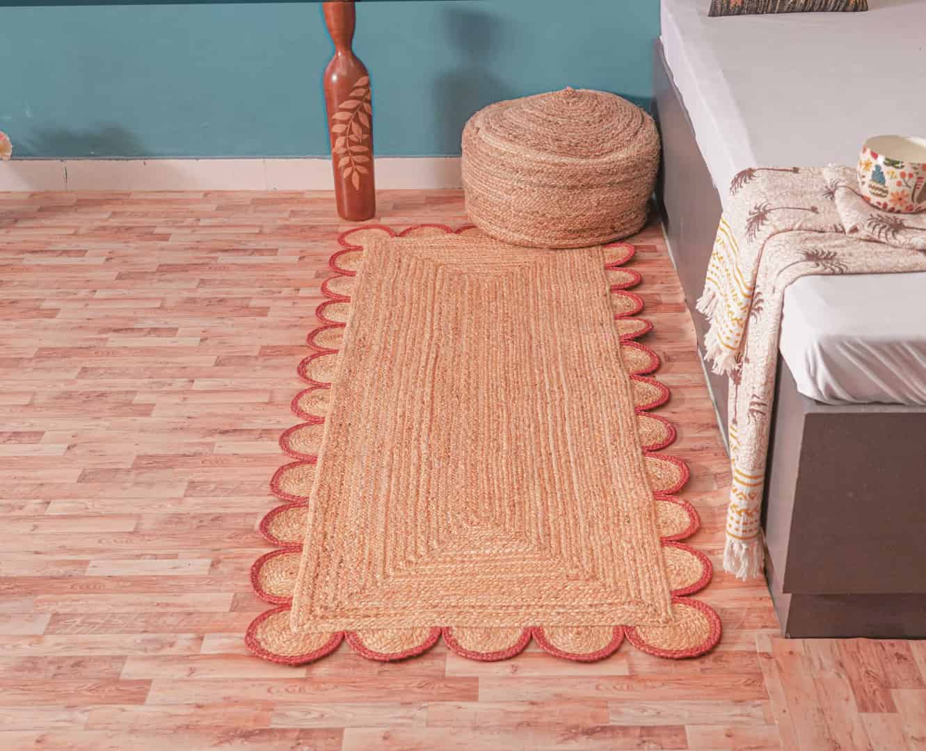 Scalloped Hand Braided Bohemian Natural Jute Runner Rug with Red and White Border - Image 2