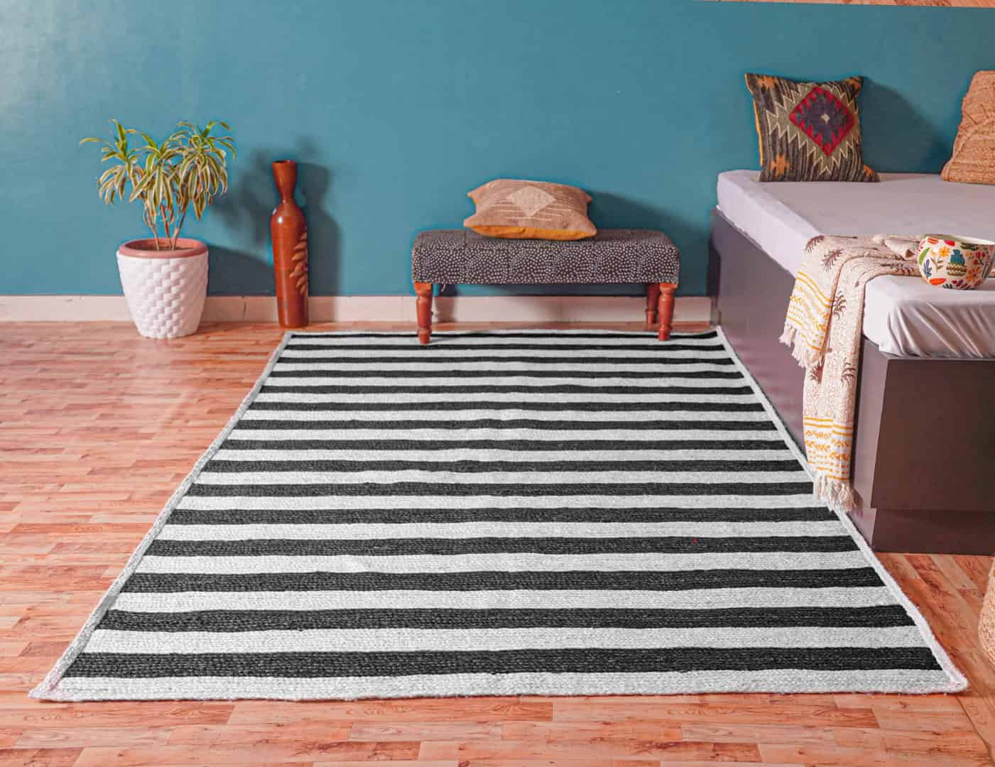 White Boho Handmade Jute Braided Rectangle Rug with Custom Color Stripes - Image 2