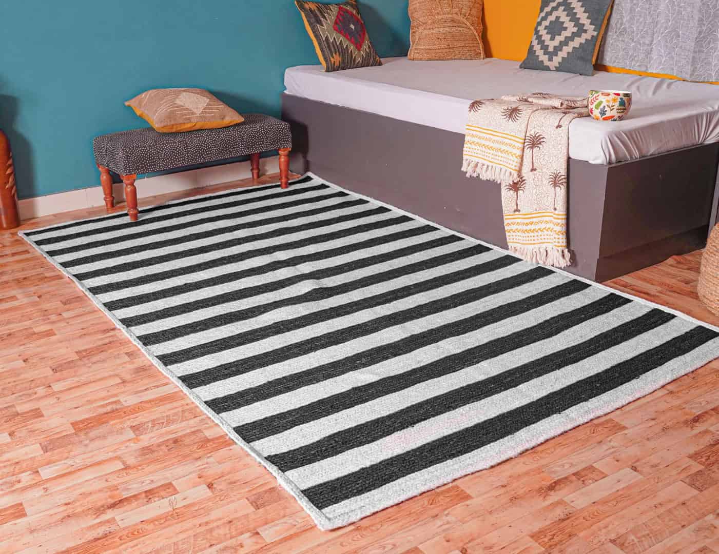 White Boho Handmade Jute Braided Rectangle Rug with Custom Color Stripes - Image 1