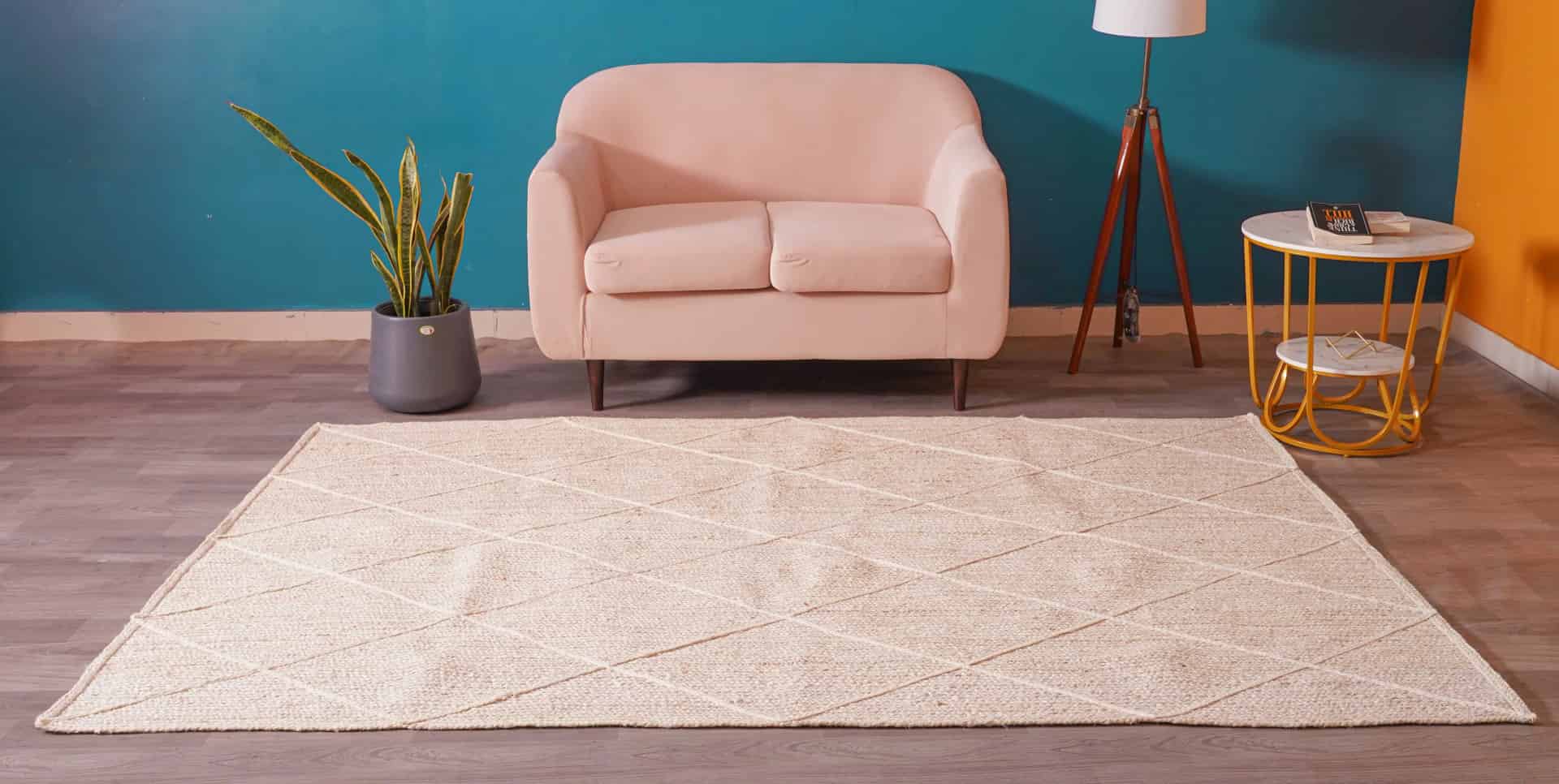 Off White and Beige Handmade Braided Jute Rectangle Rug with Diamond Design - Image 3