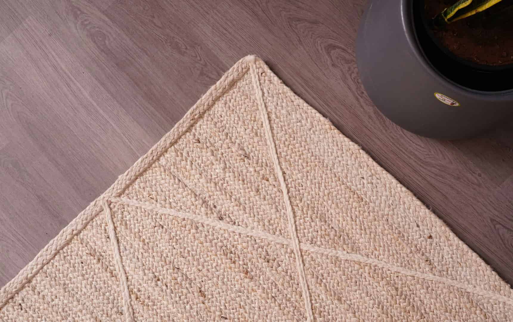 Off White and Beige Handmade Braided Jute Rectangle Rug with Diamond Design - Image 5