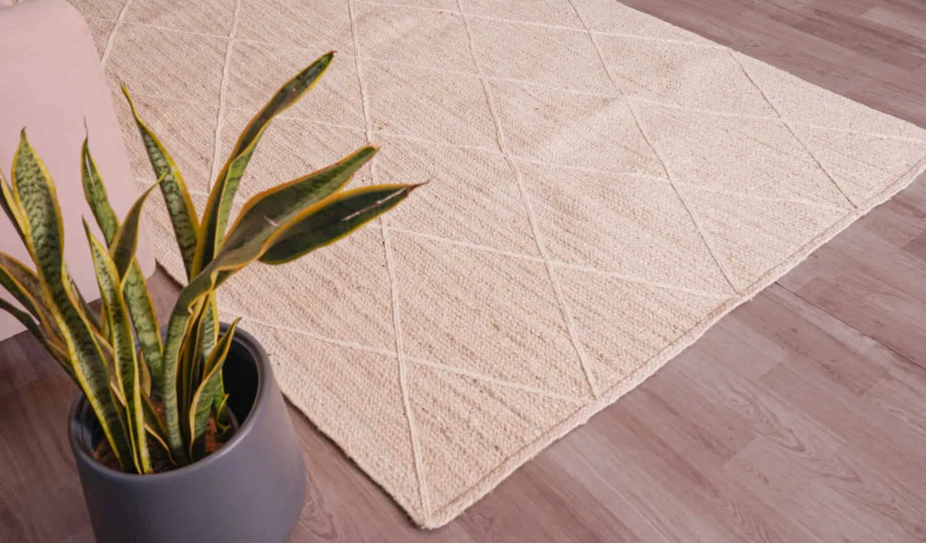 Off White and Beige Handmade Braided Jute Rectangle Rug with Diamond Design - Image 6