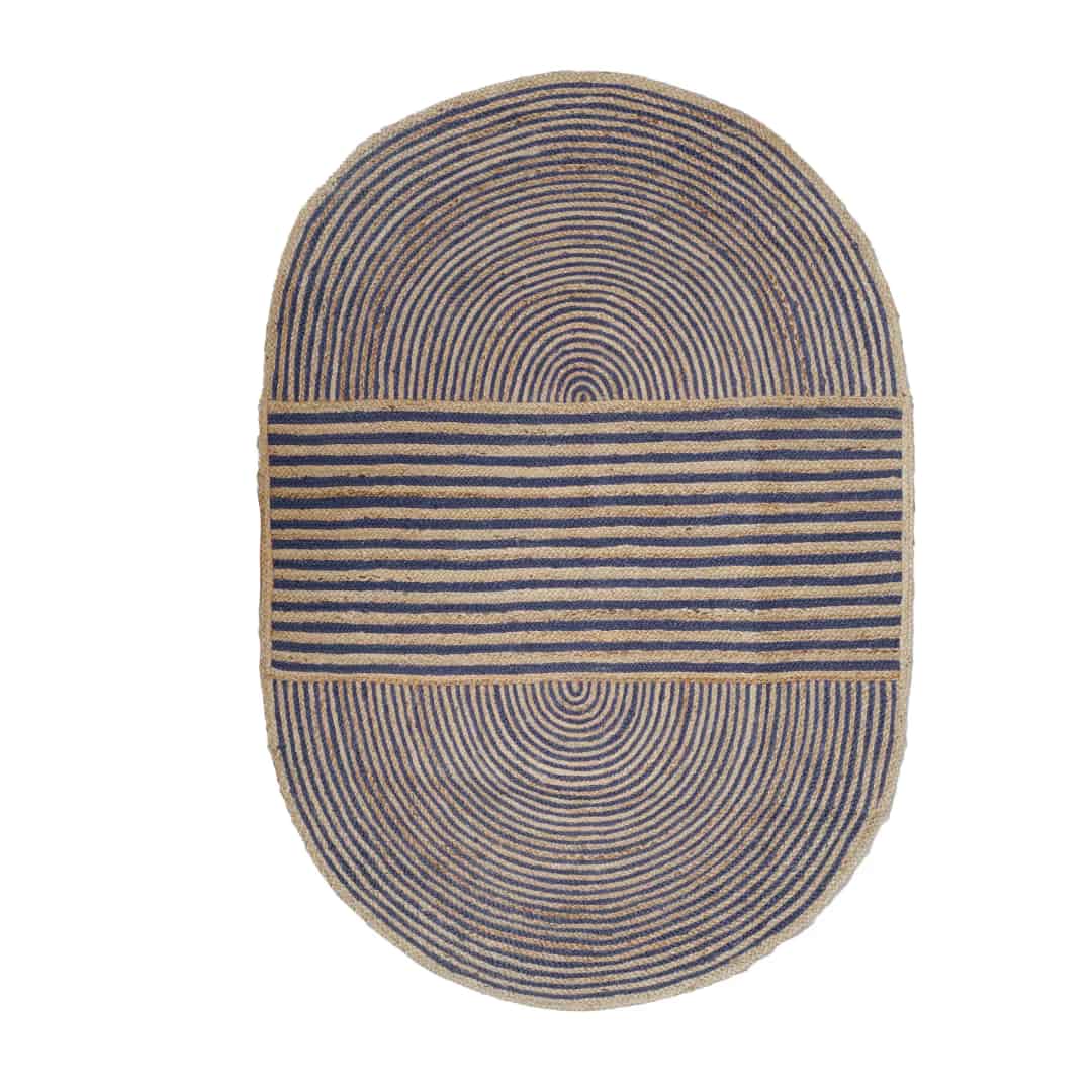 Indian Hand Braided Natural Jute Oval Rug with Color Stripes - Image 1