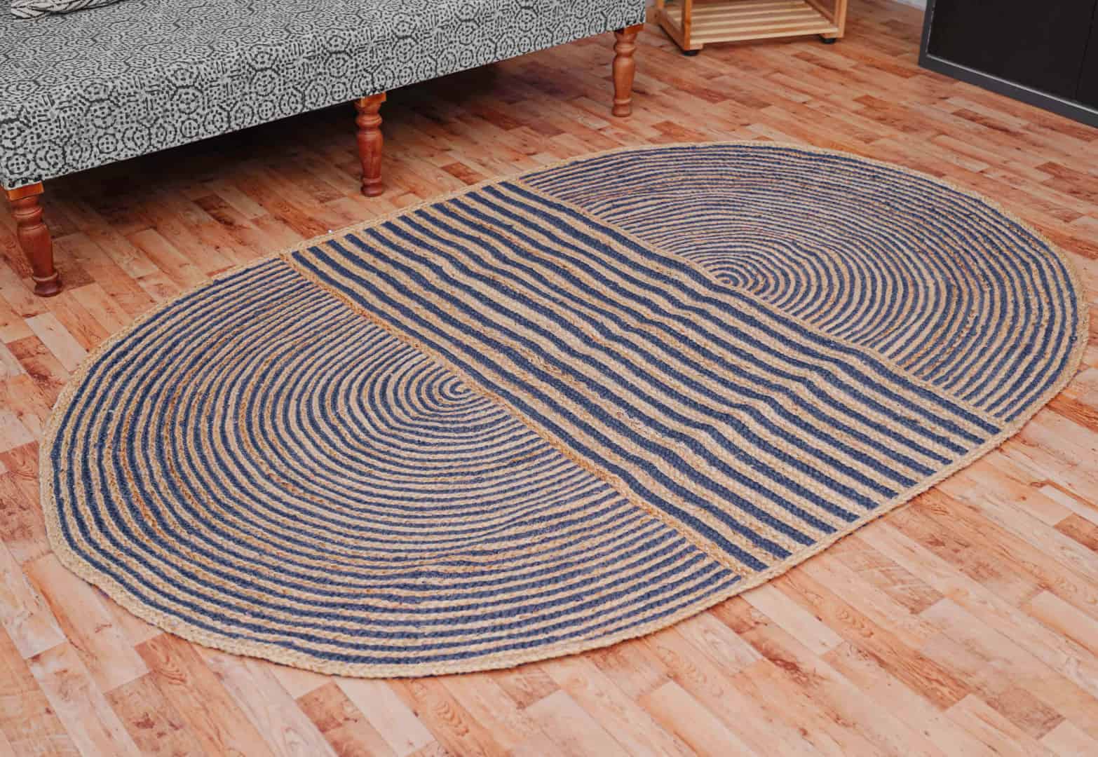 Indian Hand Braided Natural Jute Oval Rug with Color Stripes - Image 2