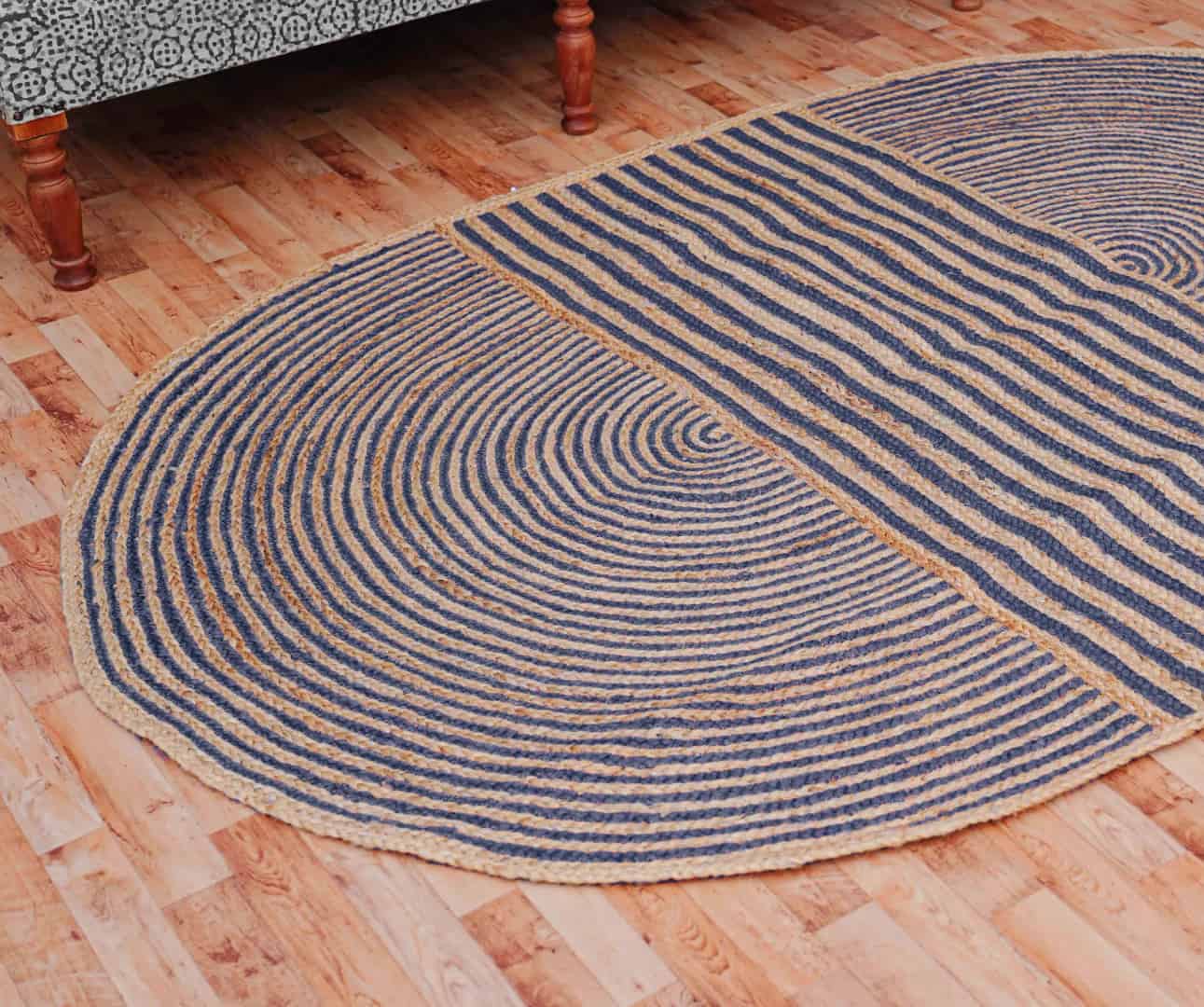 Indian Hand Braided Natural Jute Oval Rug with Color Stripes - Image 4