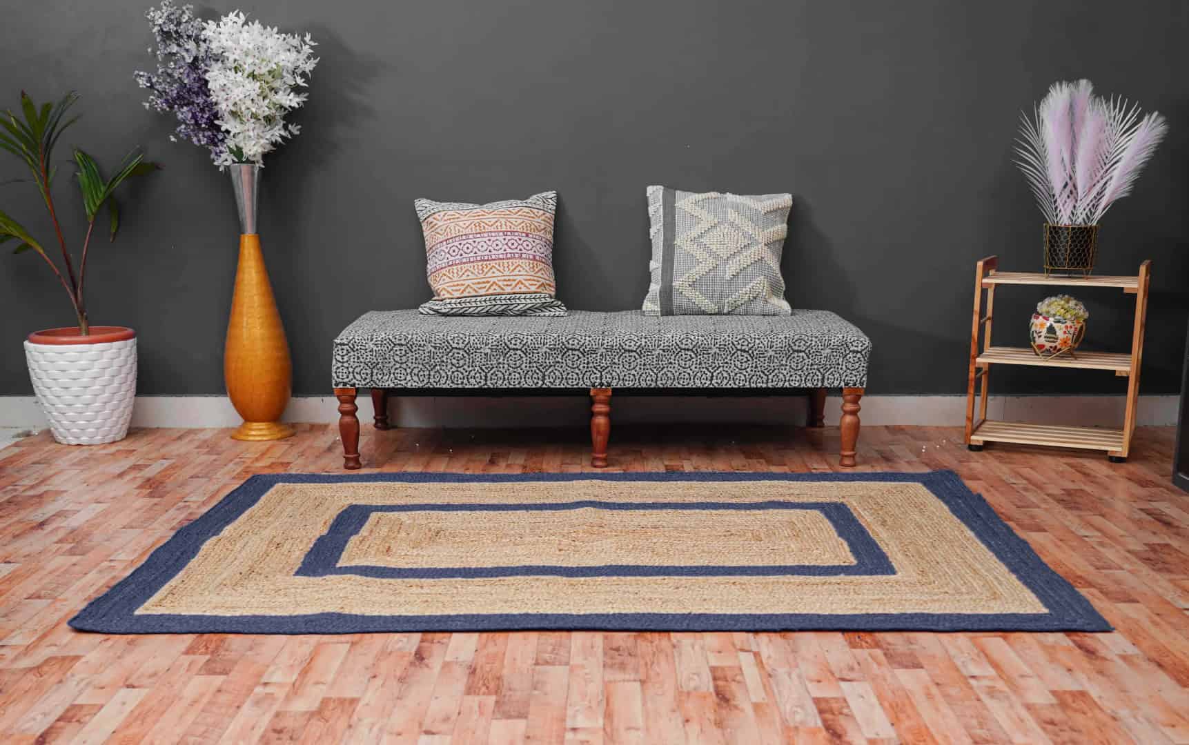 Traditional Indian Hand Braided Natural Jute Rectangle Rug with Color Border - Image 2