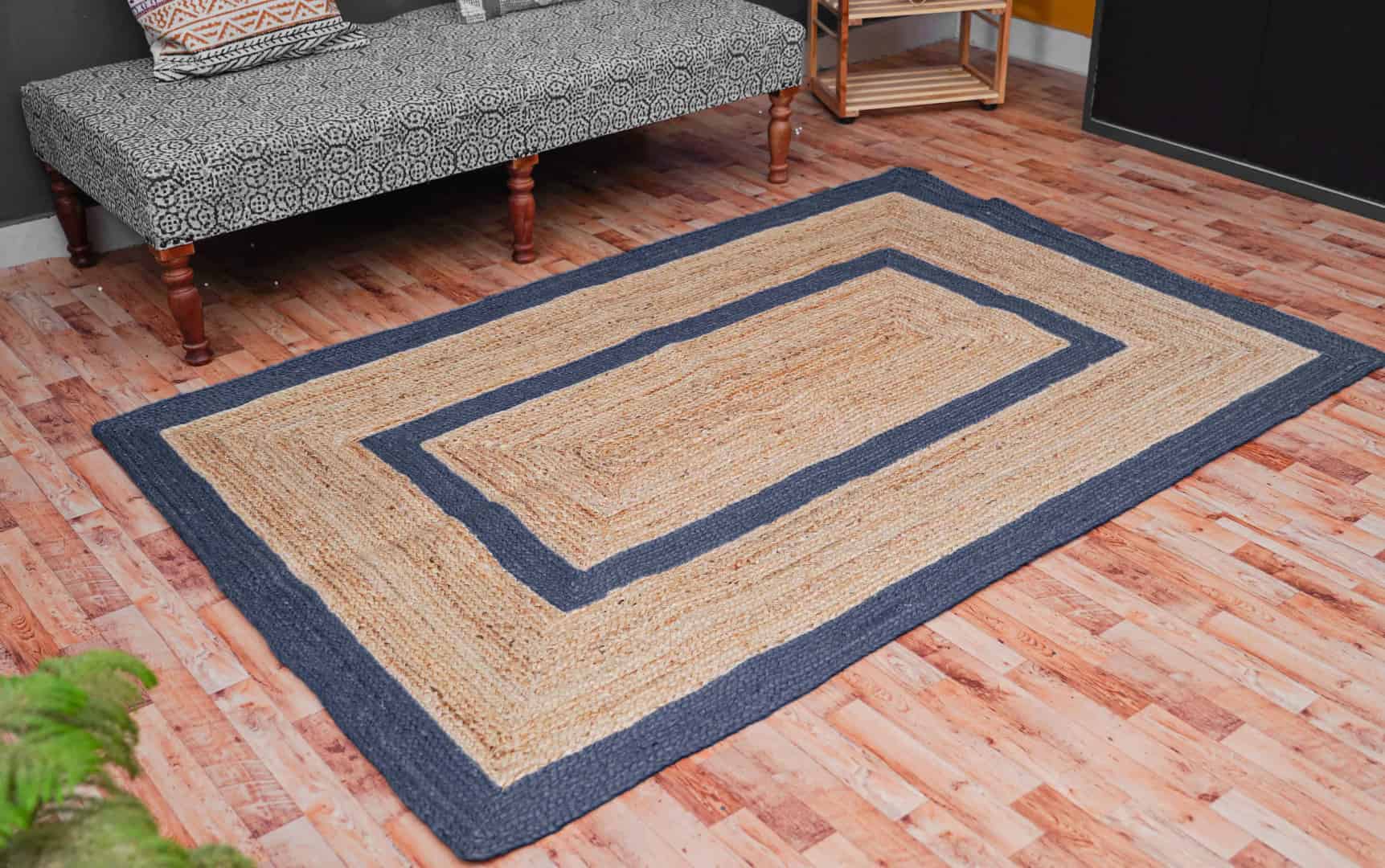 Traditional Indian Hand Braided Natural Jute Rectangle Rug with Color Border - Image 3
