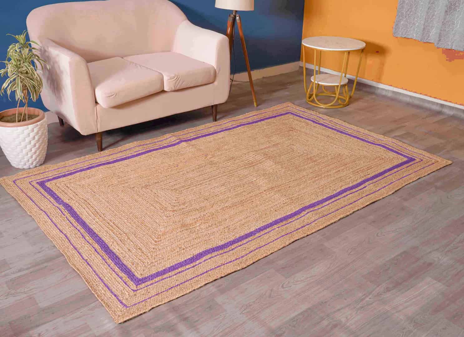 Boho Home Decor Hand Braided Natural Jute Rectangle Rug with Color Border - Image 3