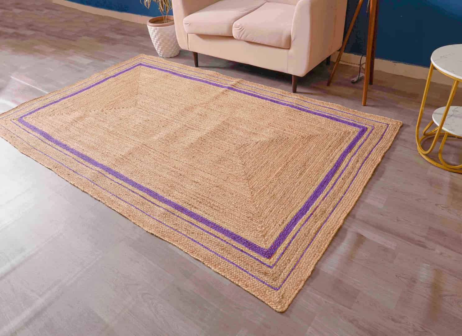 Boho Home Decor Hand Braided Natural Jute Rectangle Rug with Color Border - Image 4