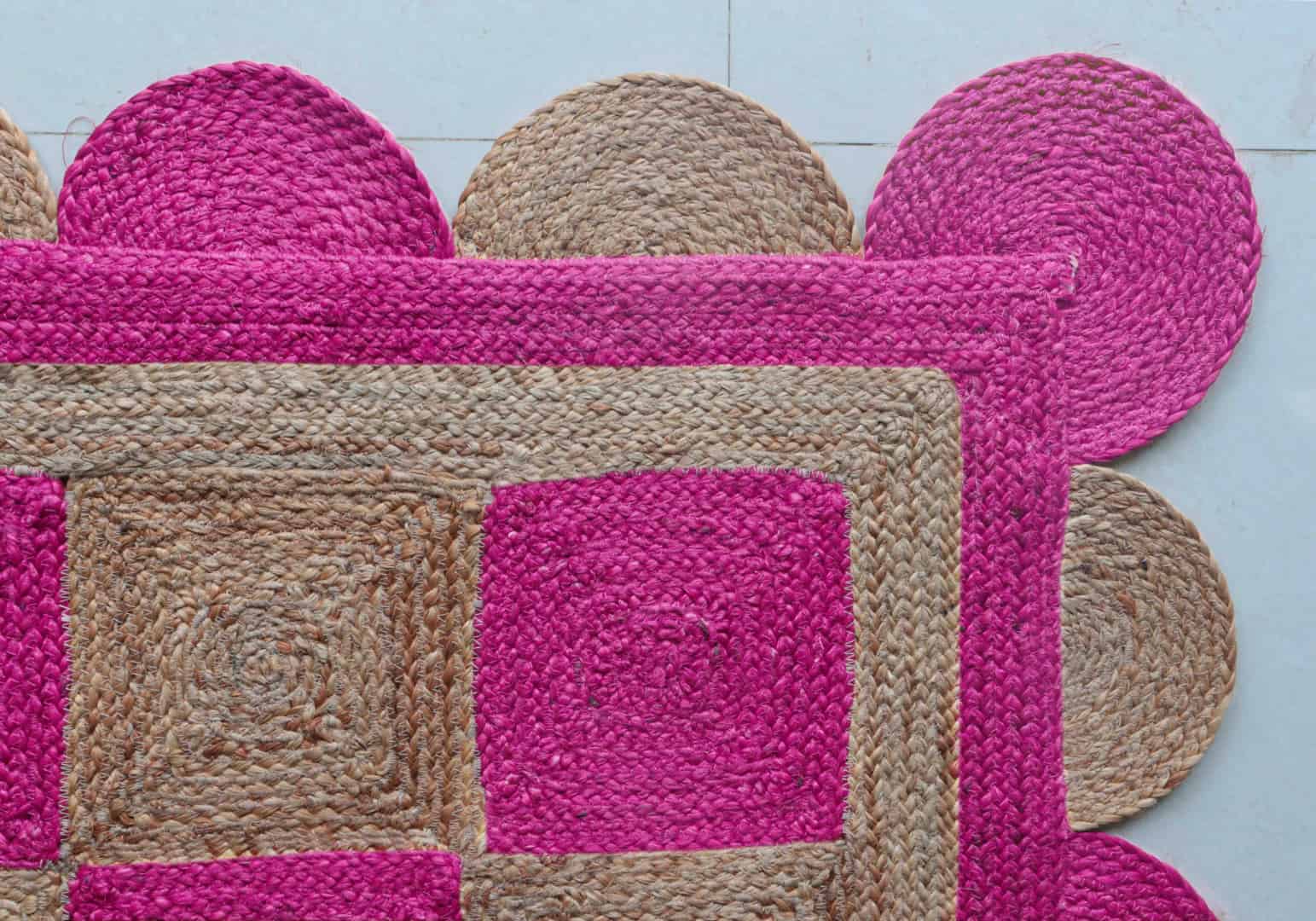 Traditional Indian Handmade Braided Beige with Color Box Design Jute Scalloped Rug - Image 6