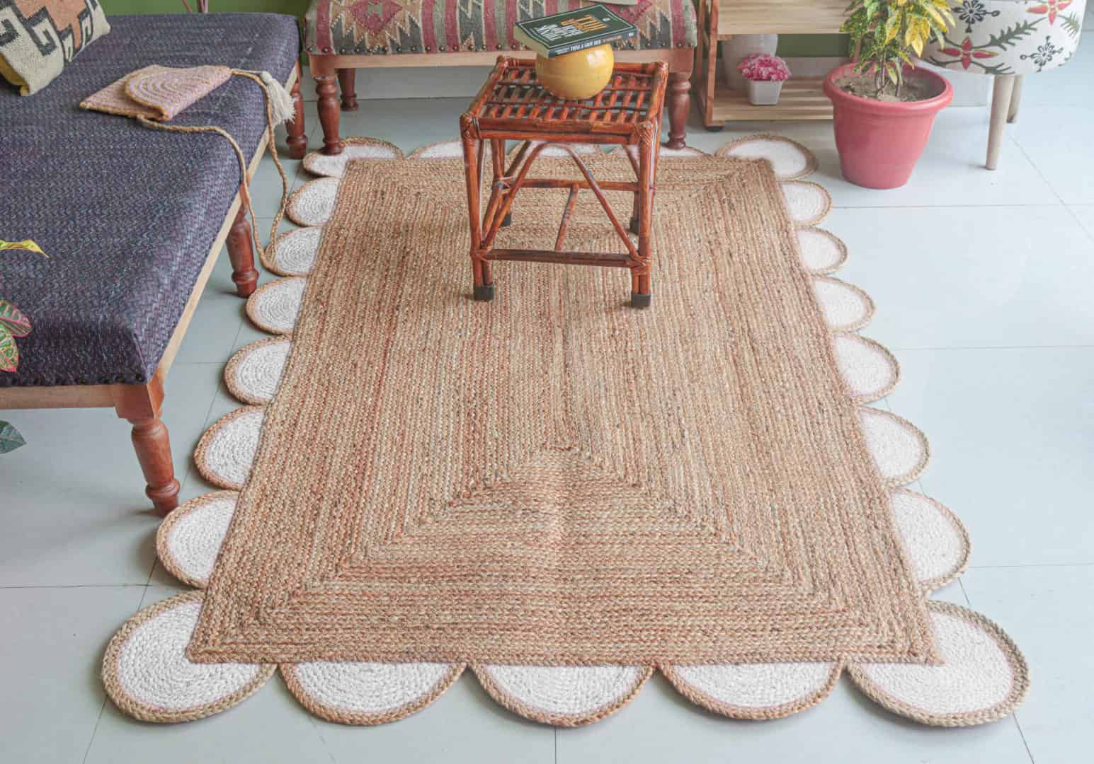 Custom Color Scalloped with Beige Edge Handmade Braided Natural Jute Rectangle Rug - Image 2