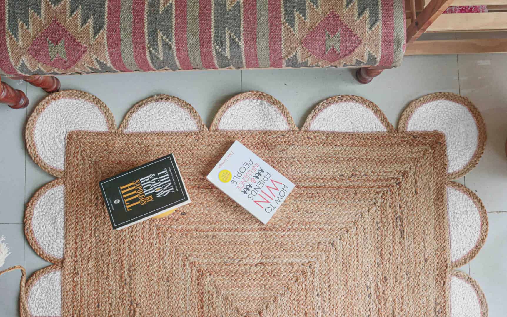 Custom Color Scalloped with Beige Edge Handmade Braided Natural Jute Rectangle Rug - Image 3