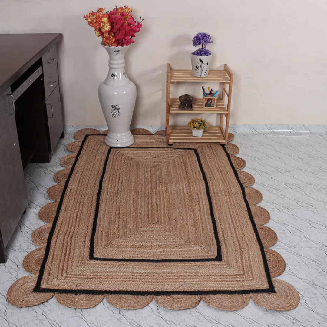 Beige with Double Color Border Handmade Braided Jute Scalloped Rectangle Rug - Image 2