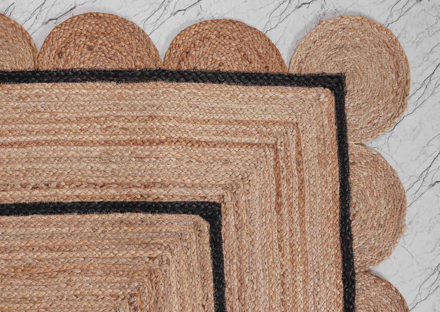 Beige with Double Color Border Handmade Braided Jute Scalloped Rectangle Rug - Image 3