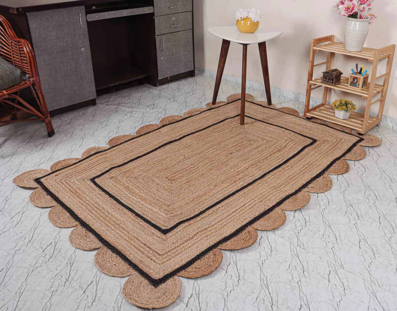 Beige with Double Color Border Handmade Braided Jute Scalloped Rectangle Rug - Image 7
