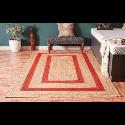 Beige with Two Line Color Border Handmade Jute Braided Rectangle Rug - Image 5