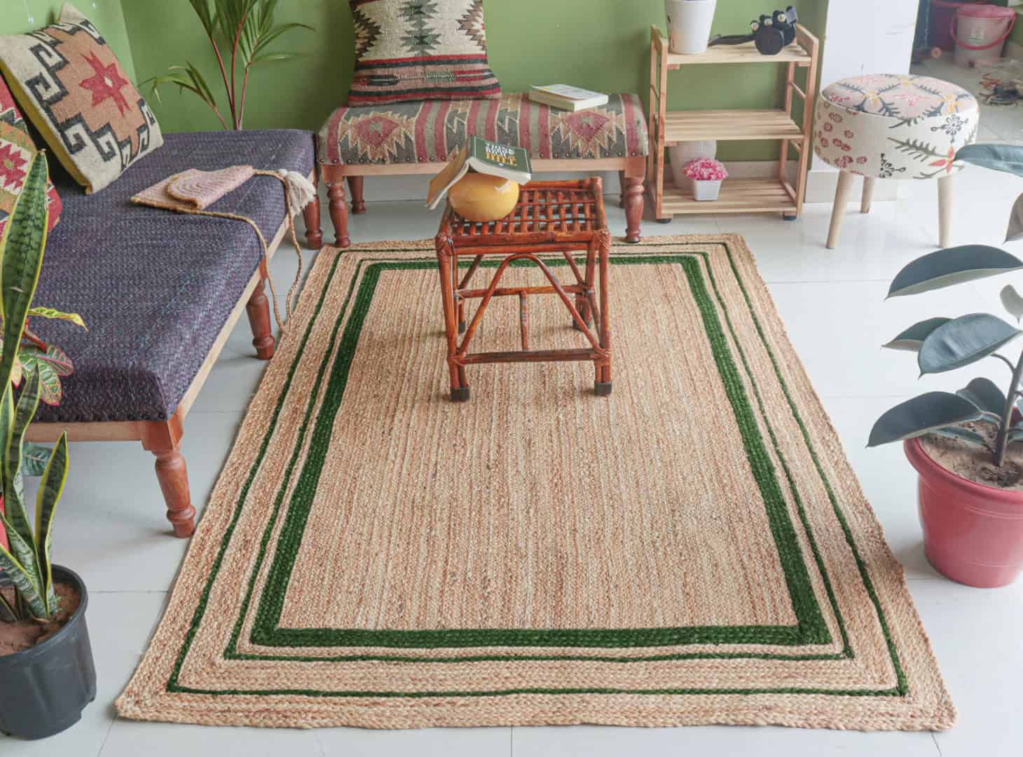Large Area Decorative Handmade Natural Jute Braided Rectangle Rug with Triple Line Color Border - Image 2