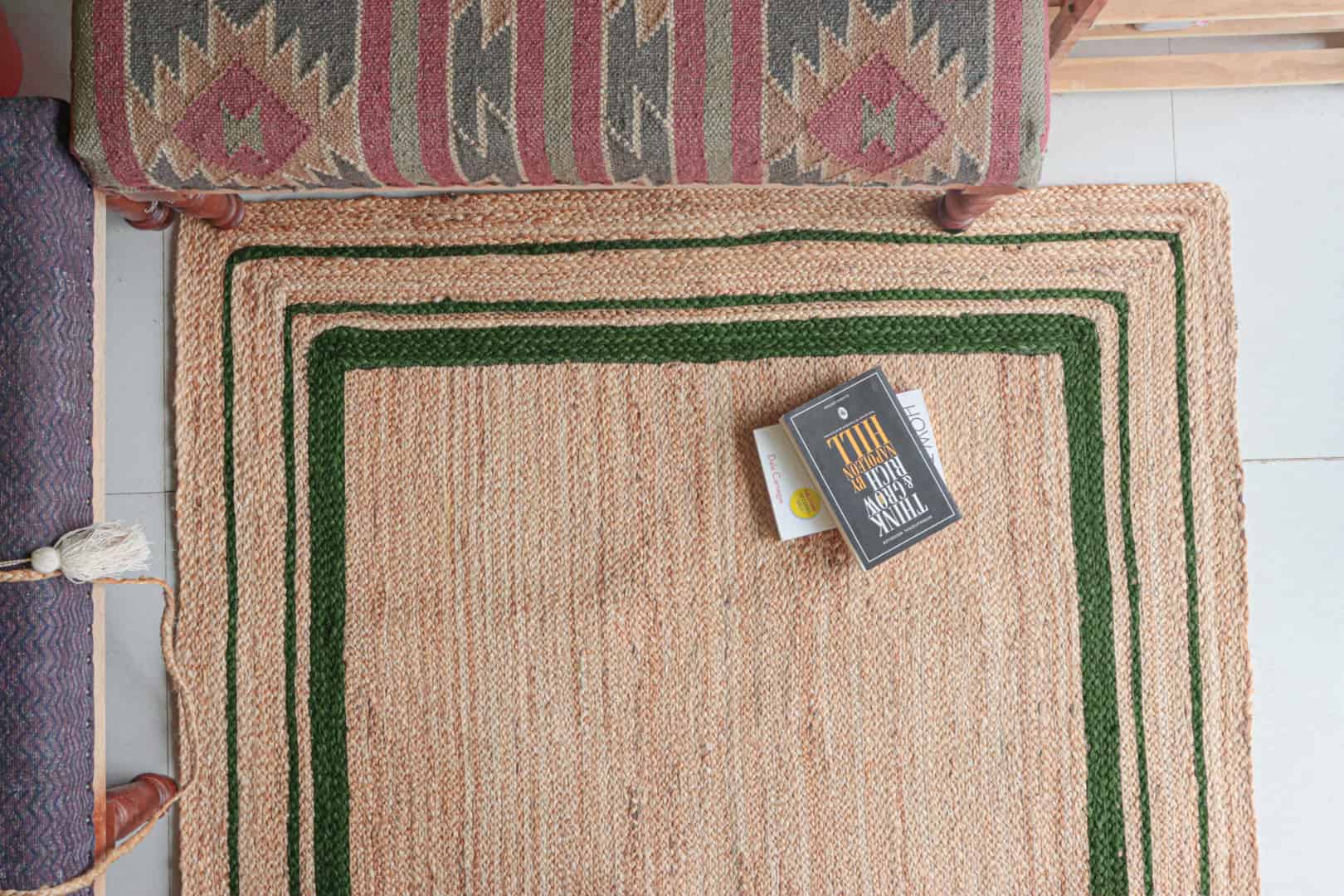 Large Area Decorative Handmade Natural Jute Braided Rectangle Rug with Triple Line Color Border - Image 3
