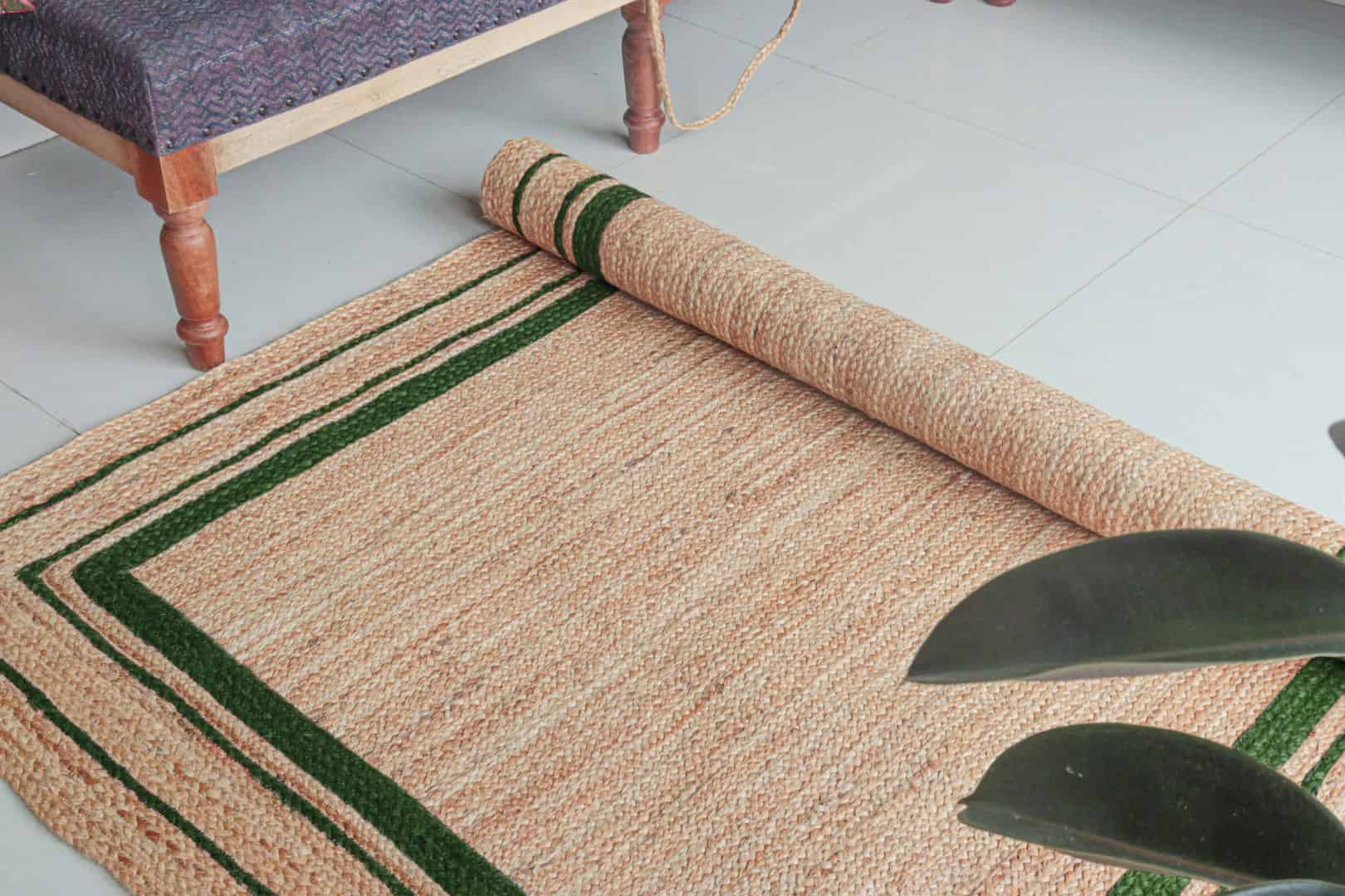 Large Area Decorative Handmade Natural Jute Braided Rectangle Rug with Triple Line Color Border - Image 4