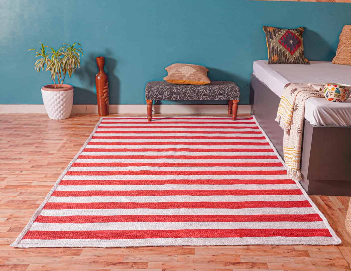 Handmade Bohemian Eco Friendly White with Custom Color Stripes Jute Braided Rectangle Rug - Image 2