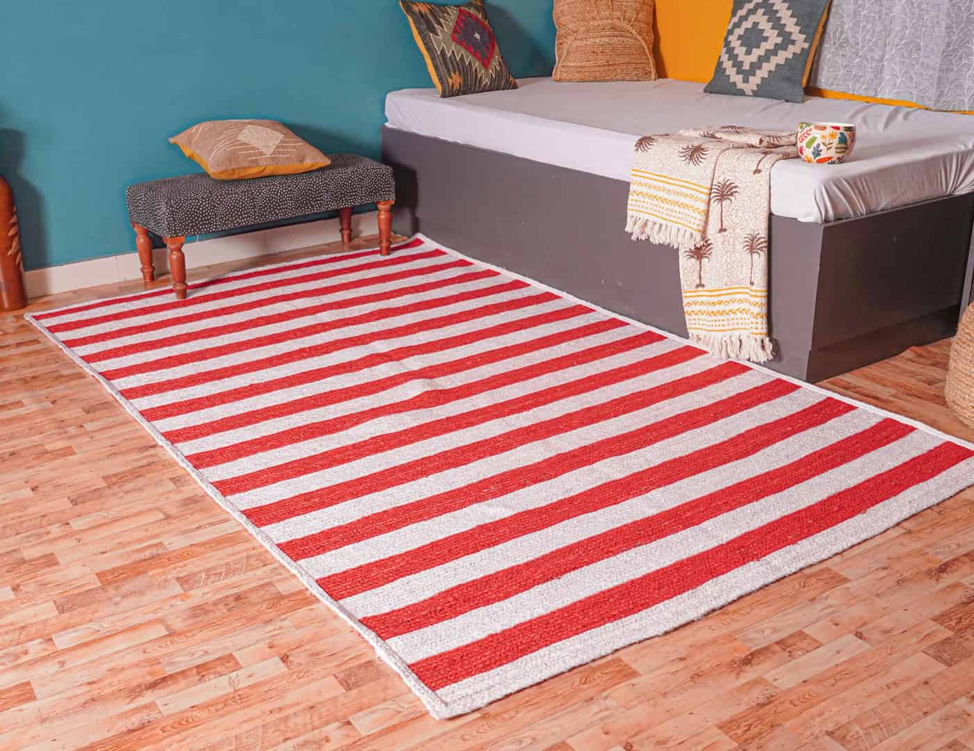 Handmade Bohemian Eco Friendly White with Custom Color Stripes Jute Braided Rectangle Rug - Image 3