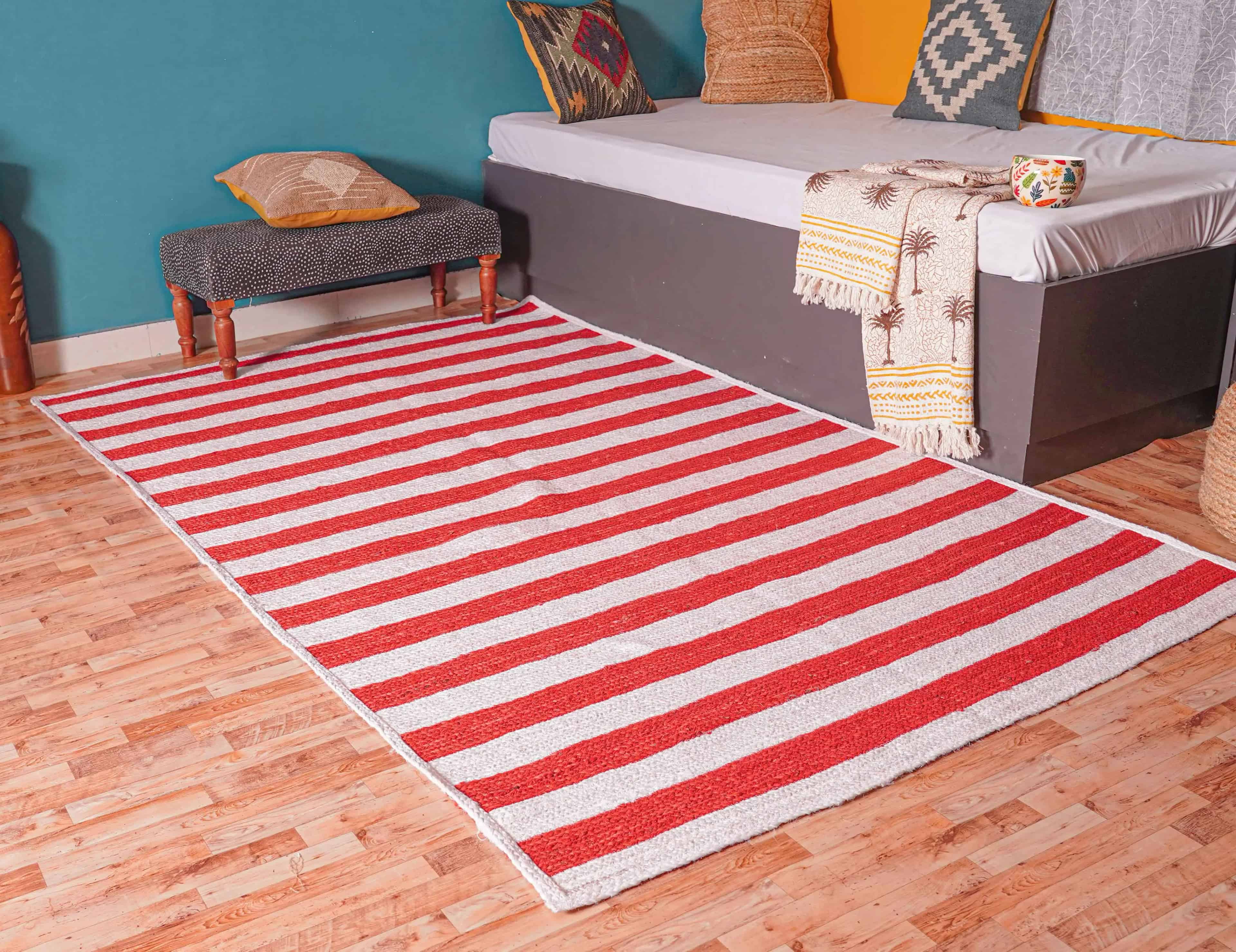 Handmade Bohemian Eco Friendly White with Custom Color Stripes Jute Braided Rectangle Rug - Image 3
