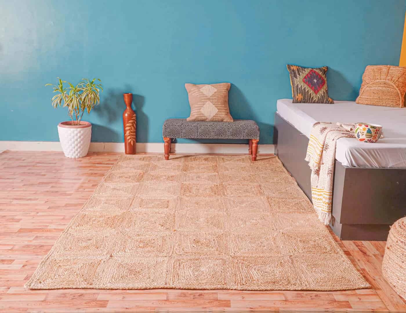 Beige with Box Design Custom Size Handmade Jute Braided Large Area Rectangle Rug - Image 2