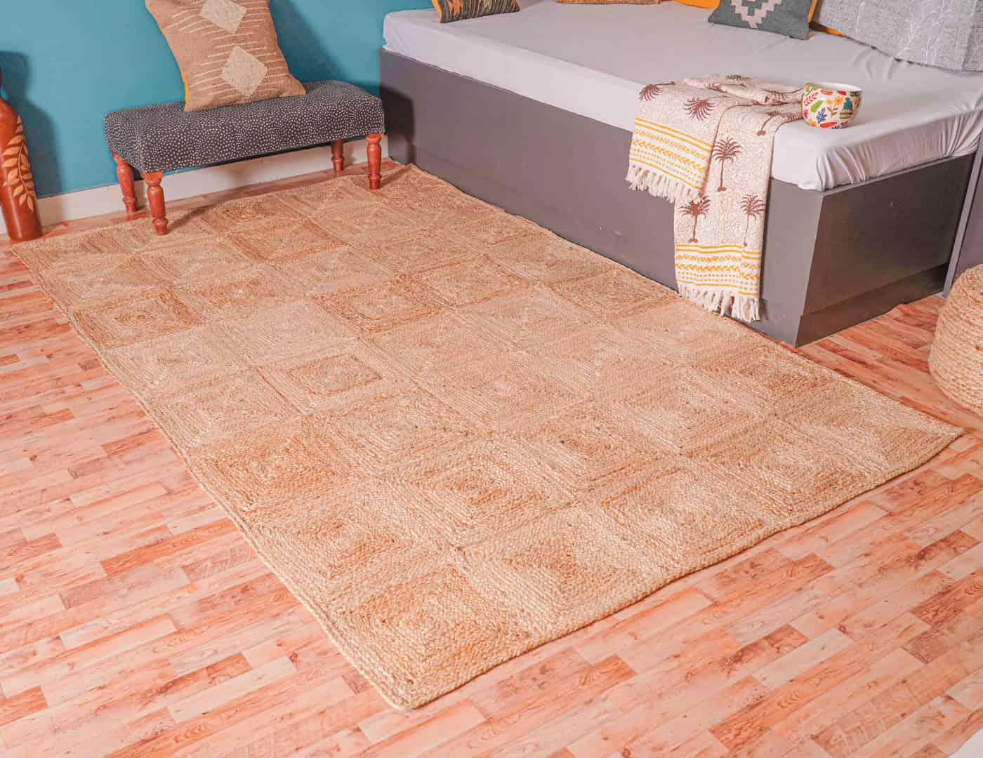 Beige with Box Design Custom Size Handmade Jute Braided Large Area Rectangle Rug - Image 3