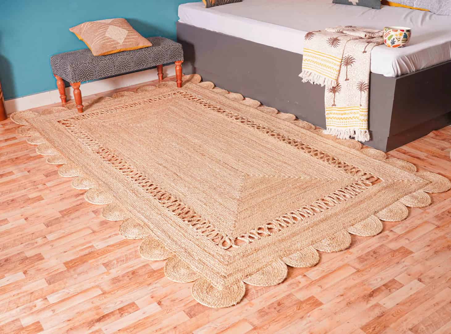 Scalloped Handmade Natural Jute Braided Eco Friendly Home Decor Boho Rectangle Rug - Image 2