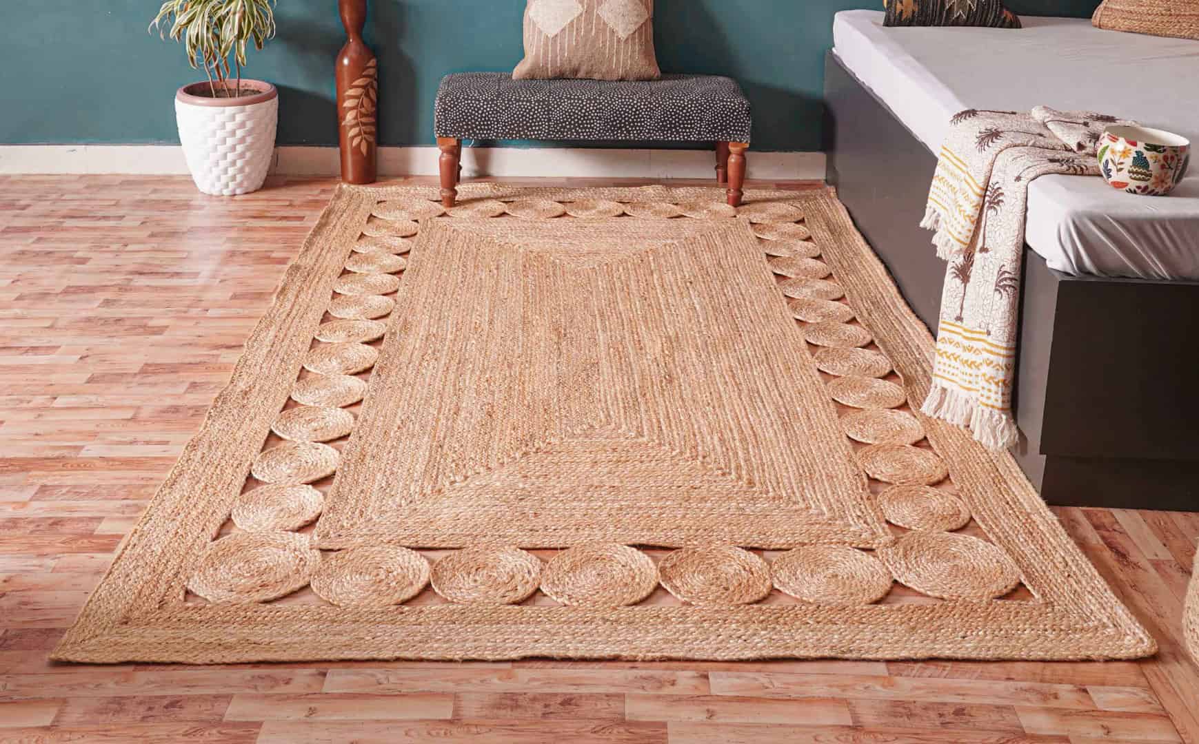 Indian Handmade Scalloped Natural Jute Braided Rectangle Rug Yoga Mat Bohemian Doormat - Image 2