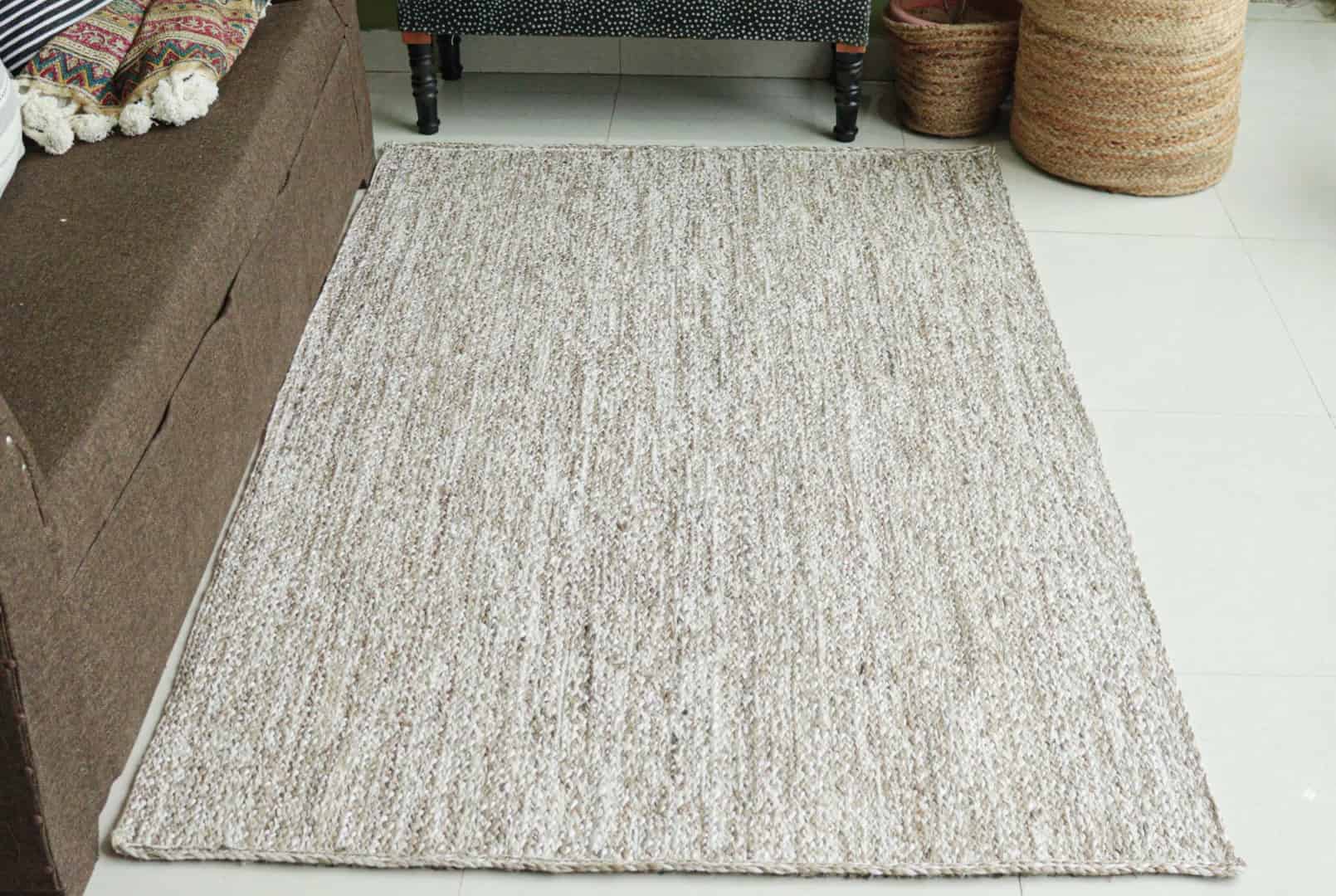 Beige White Grey Tie Dye Handmade Jute Braided Bohemian Rectangle Rug - Image 2