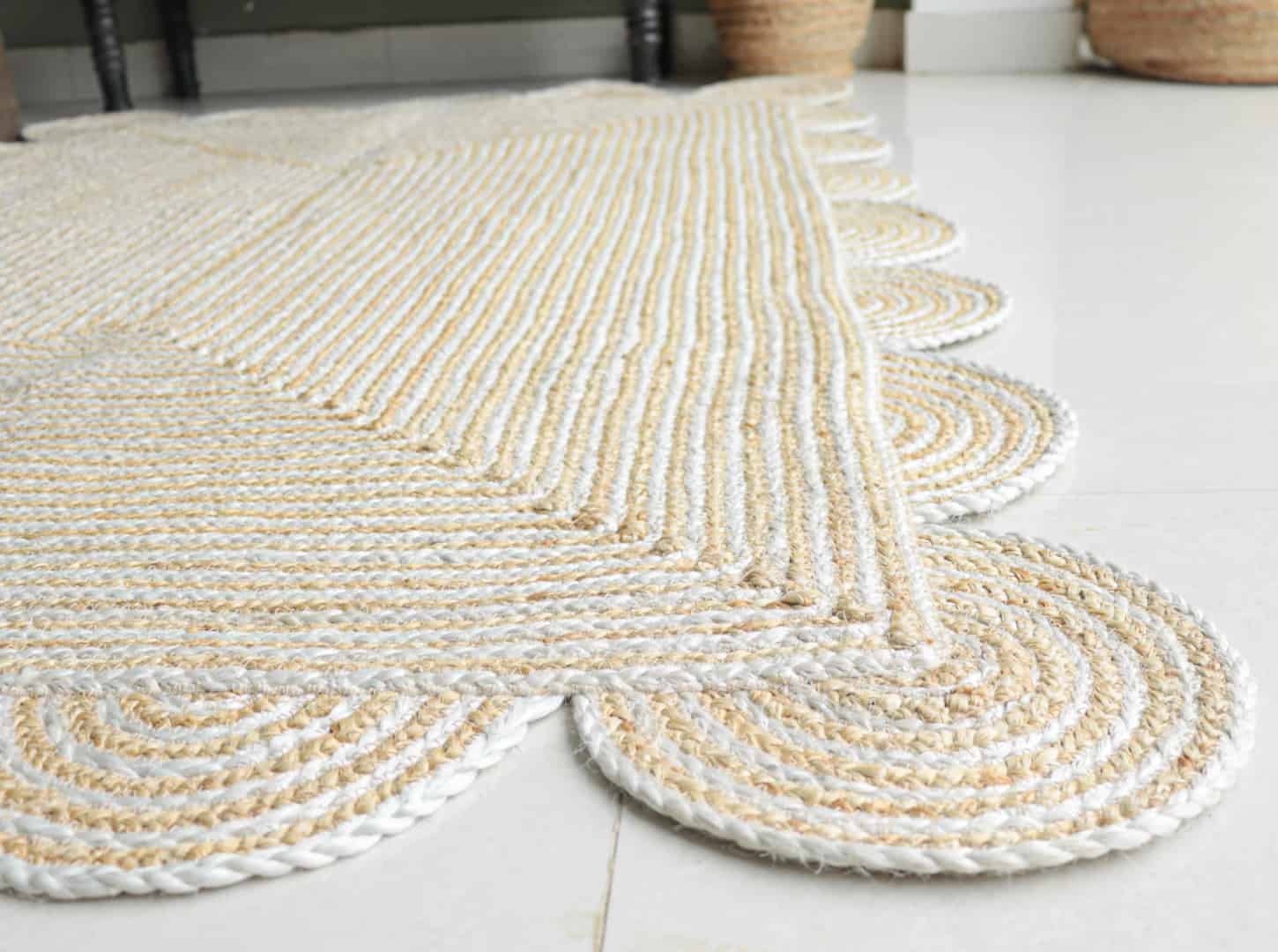 Beige and White Tie Dye Handmade Bohemian Jute Braided Scalloped Rectangle Rug - Image 4