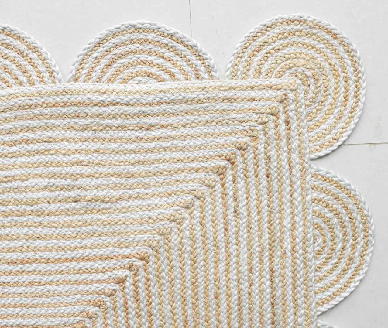 Beige and White Tie Dye Handmade Bohemian Jute Braided Scalloped Rectangle Rug - Image 6