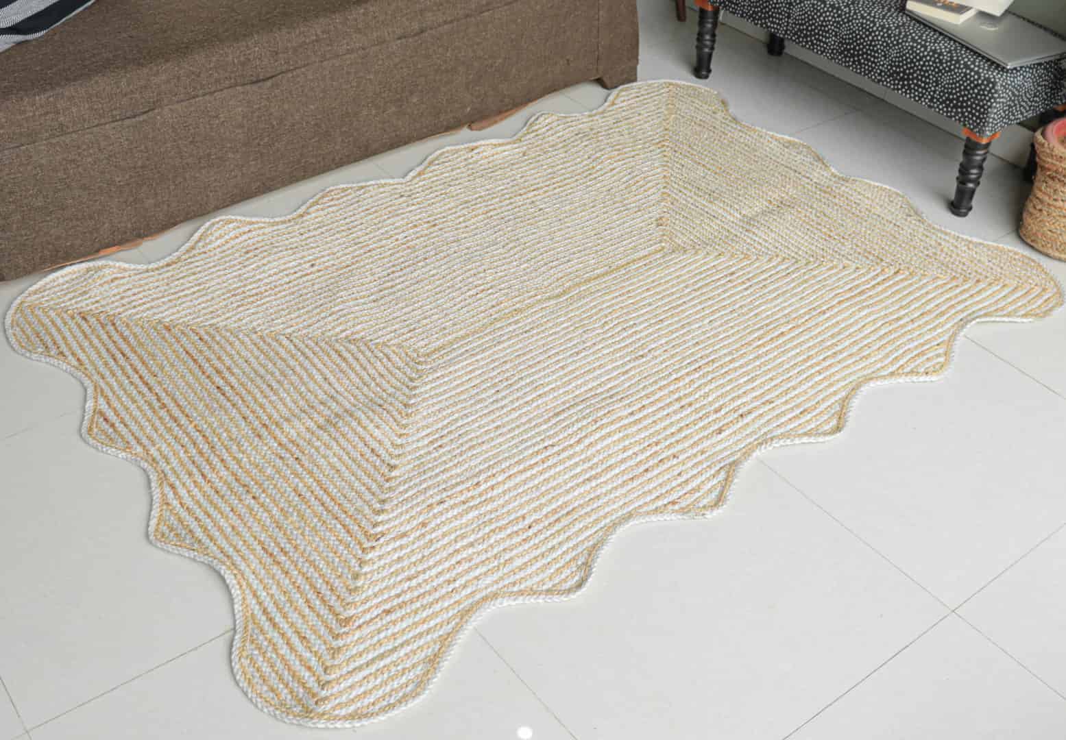 Wavy Edge Scalloped Handmade Beige and White Tie Dye Braided Rectangle Jute Rug - Image 2