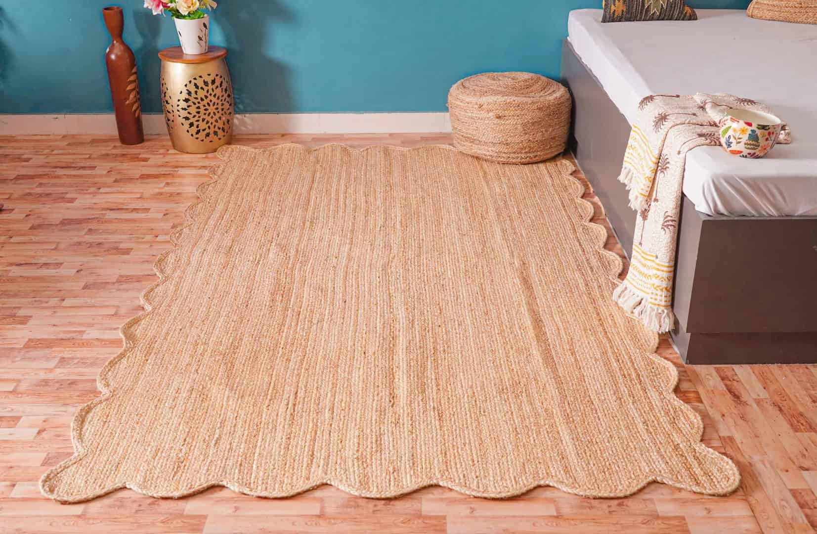 Custom Size Turkish Boho Handmade Solid Natural Jute Braided Scalloped Rectangle Rug - Image 2