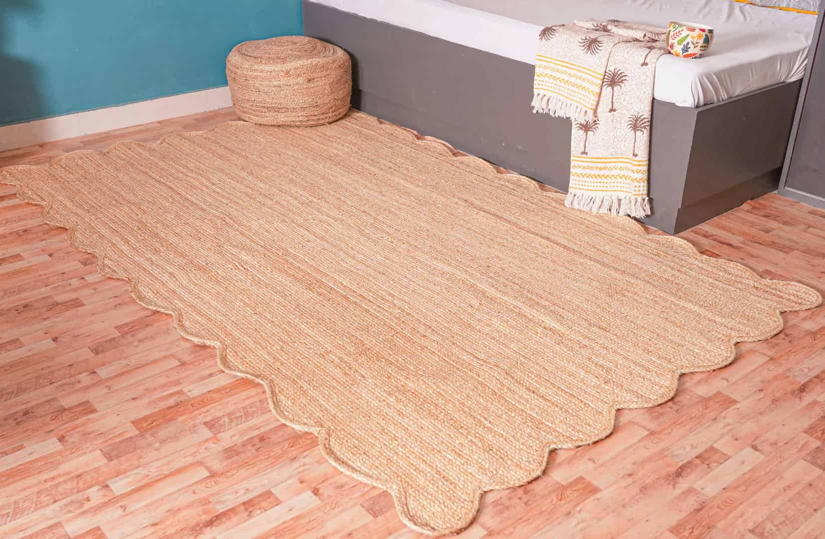 Custom Size Turkish Boho Handmade Solid Natural Jute Braided Scalloped Rectangle Rug - Image 3