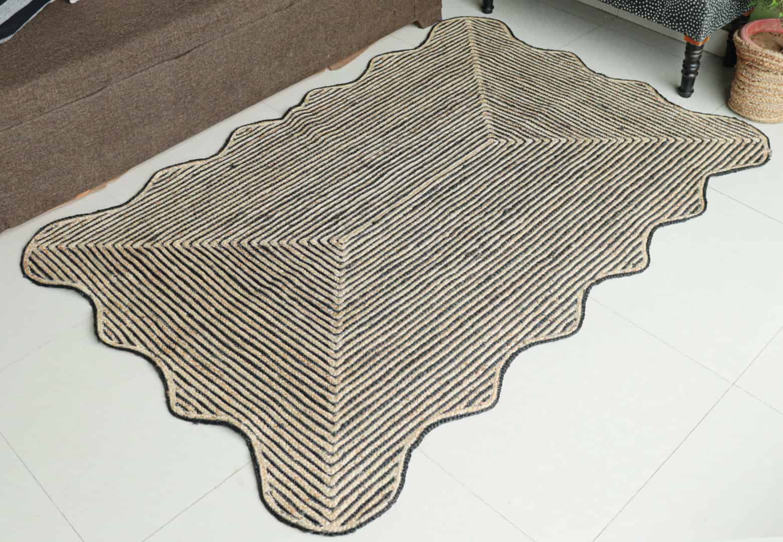 Eco Friendly Beige and Black Tie Dye Hand Braided Rectangle Jute Rug - Image 3