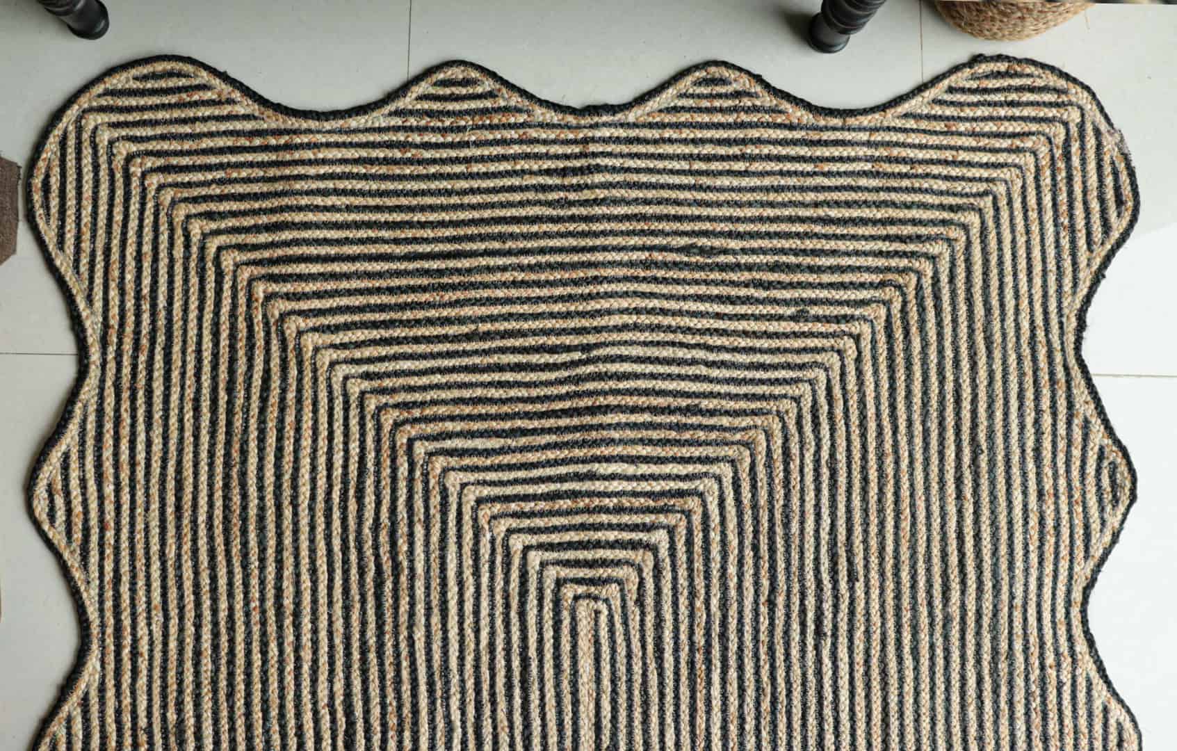 Eco Friendly Beige and Black Tie Dye Hand Braided Rectangle Jute Rug - Image 4