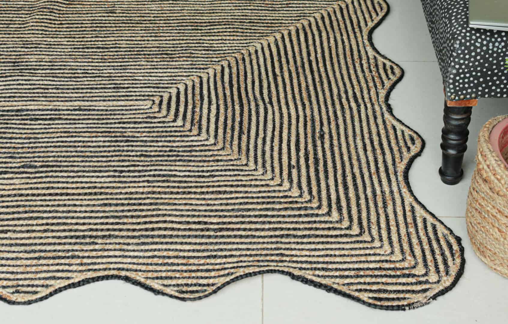 Eco Friendly Beige and Black Tie Dye Hand Braided Rectangle Jute Rug - Image 8
