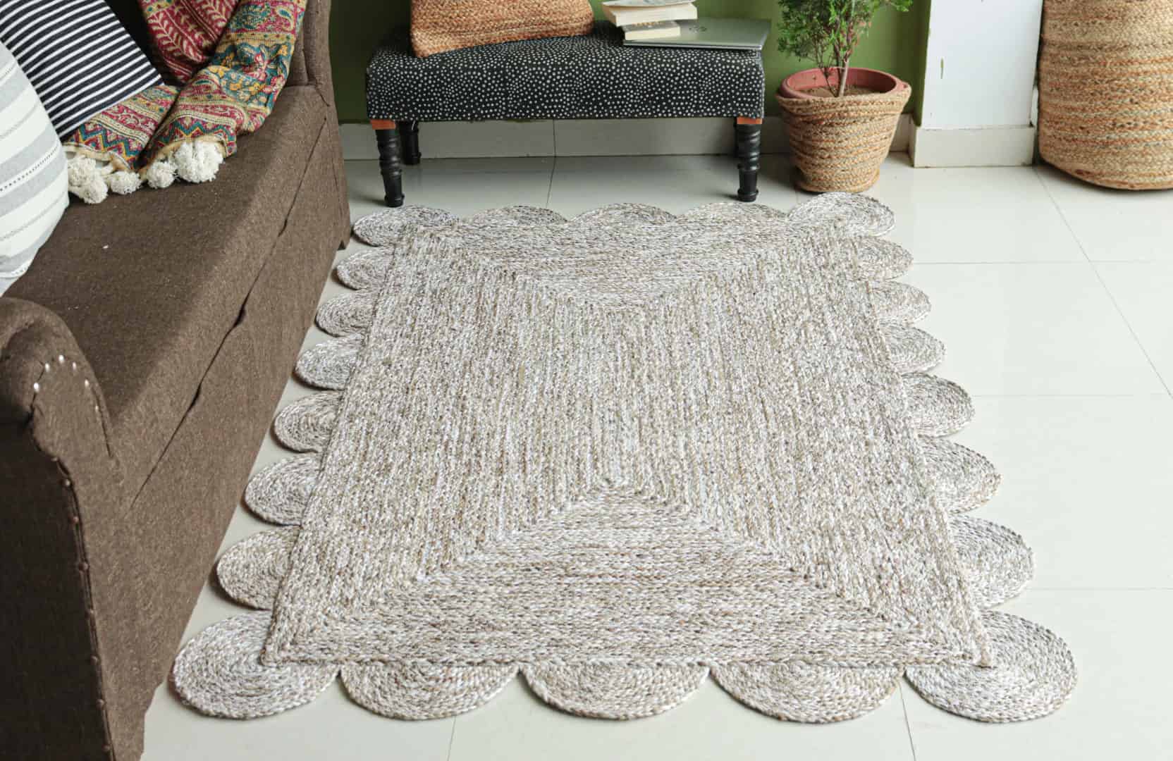 Hand Braided Beige White and Grey Tie Dye Braided Rectangle Scalloped Jute Rug - Image 1