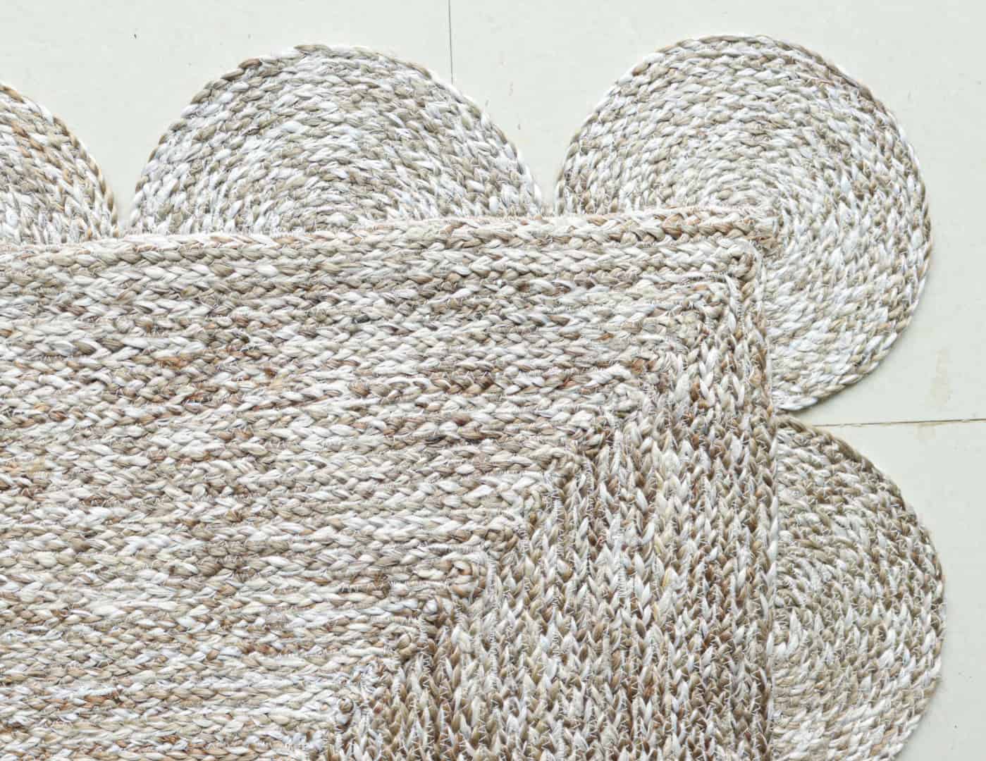 Hand Braided Beige White and Grey Tie Dye Braided Rectangle Scalloped Jute Rug - Image 6