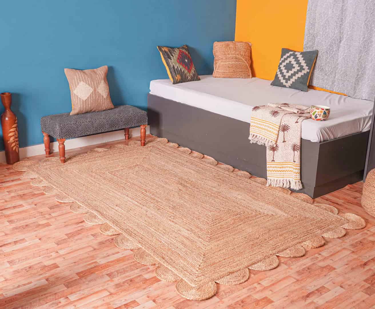 Eco Friendly Handmade Natural Jute Braided Bohemian Rectangle Scalloped Rug - Image 3