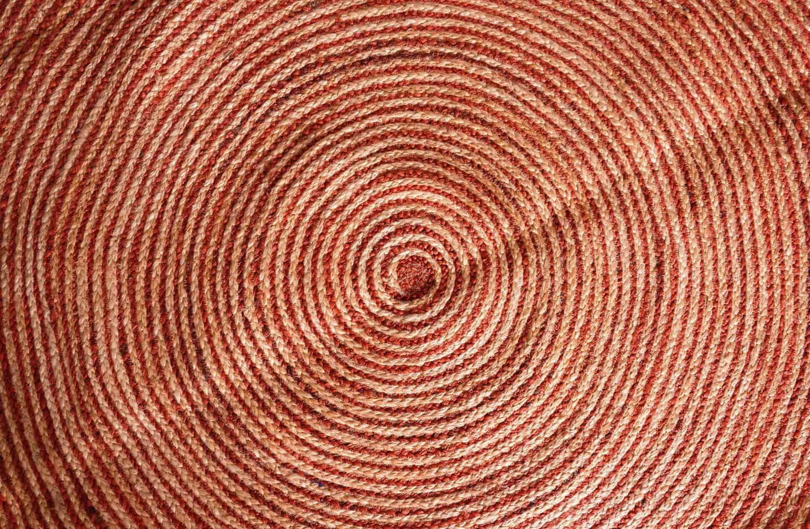 Hand Braided Round Jute Rug Beige with White and Red Tie Dye Stripes  - Image 11