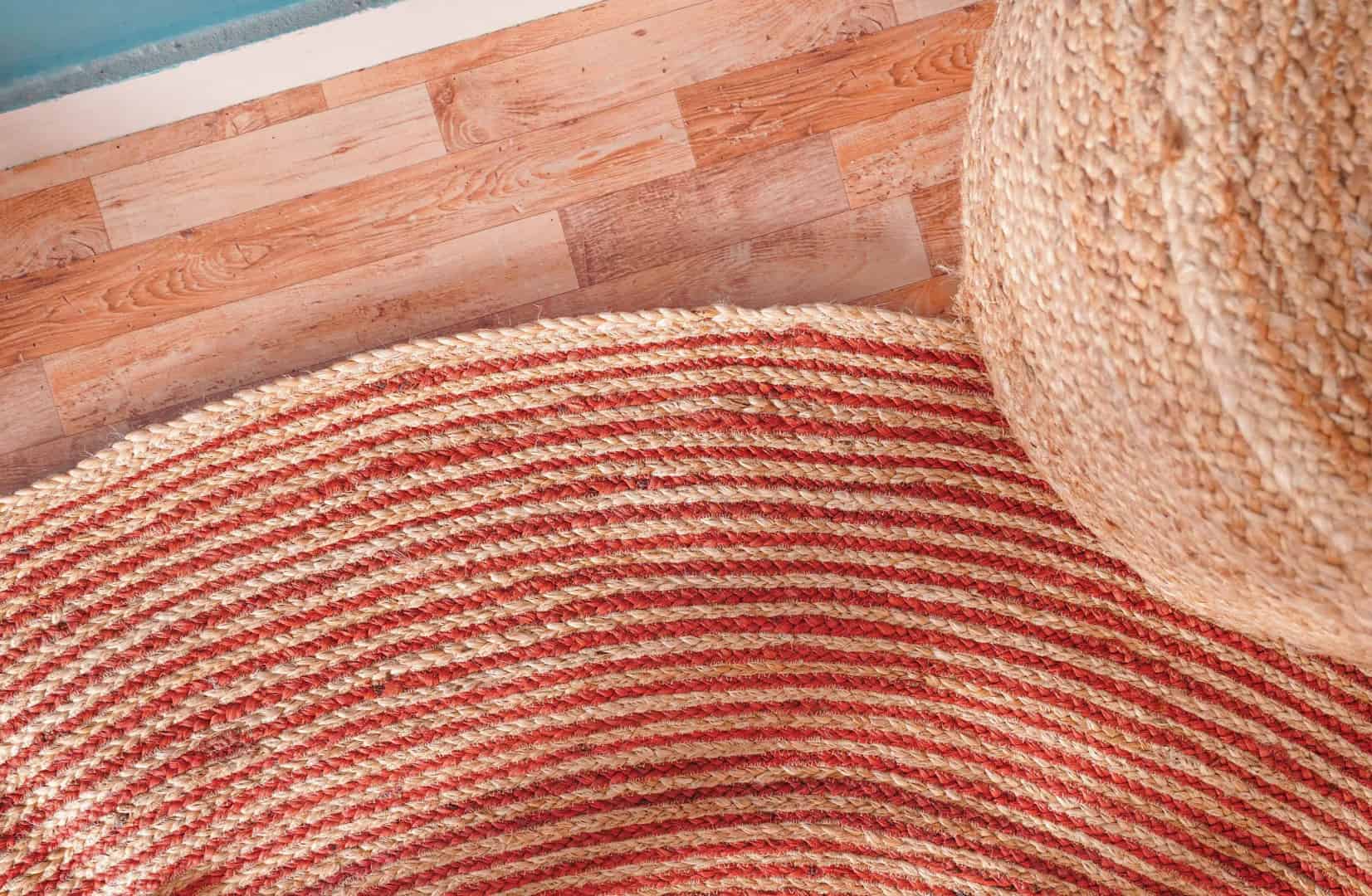 Hand Braided Round Jute Rug Beige with White and Red Tie Dye Stripes  - Image 12
