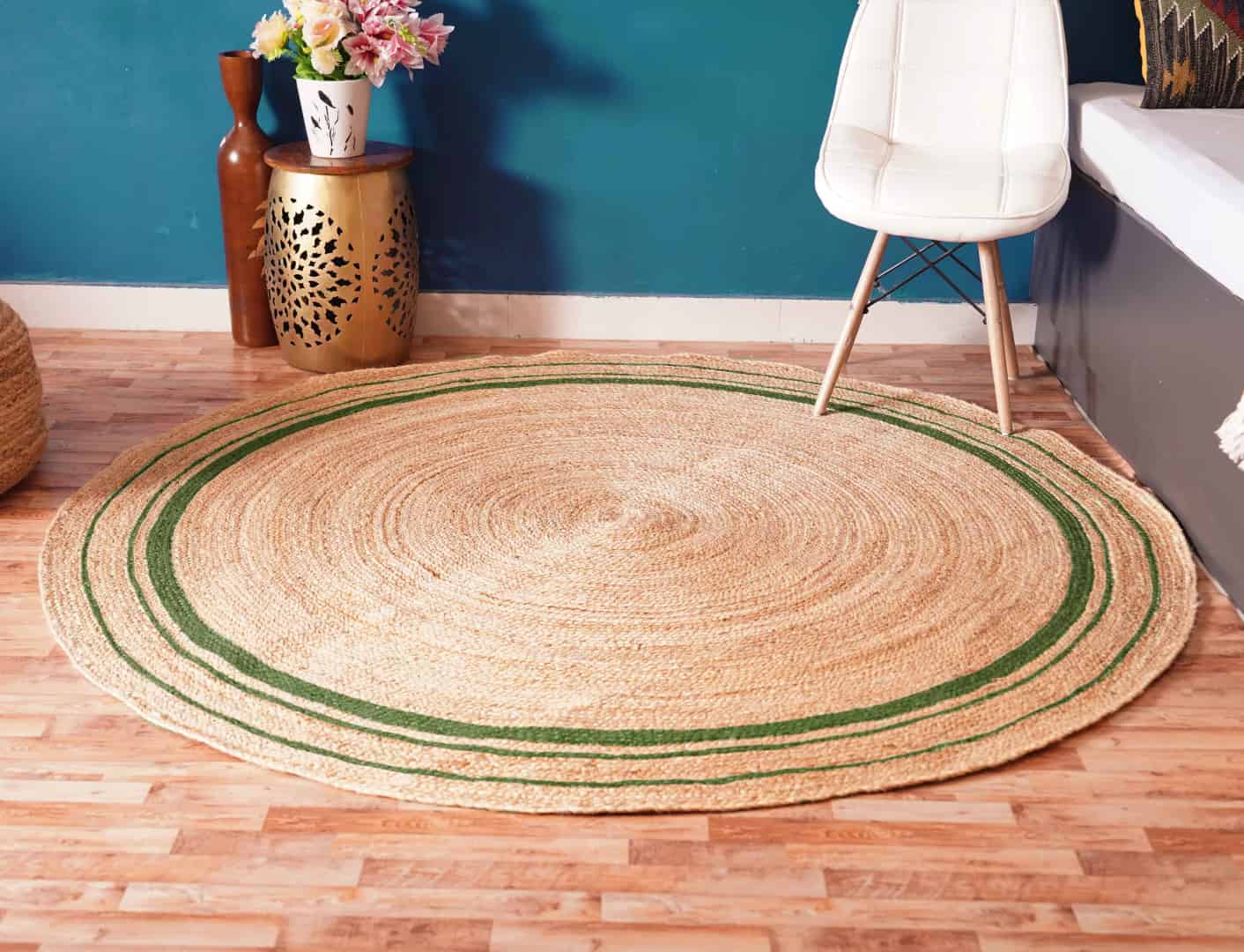 Hand Braided Round Jute Rug Beige With Customized Color Triple Line Border  - Image 2