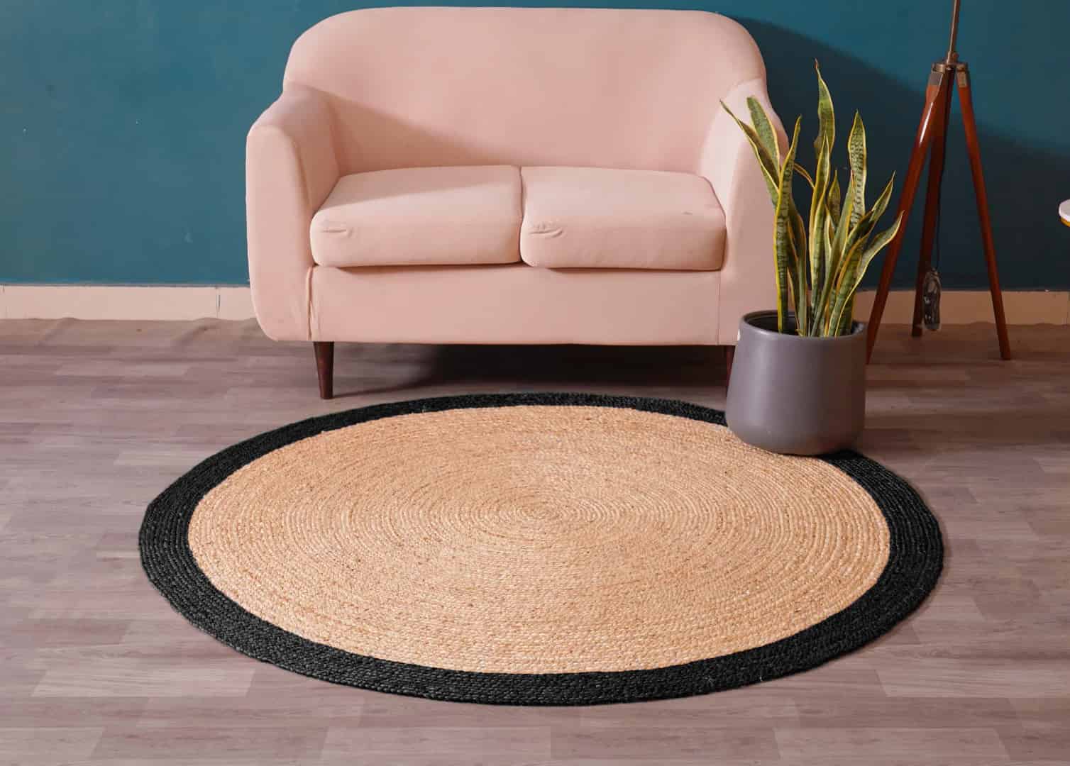 Traditional Indian Hand Braided Bohemian Round Jute Rug Beige with Multicolor Border  - Image 2