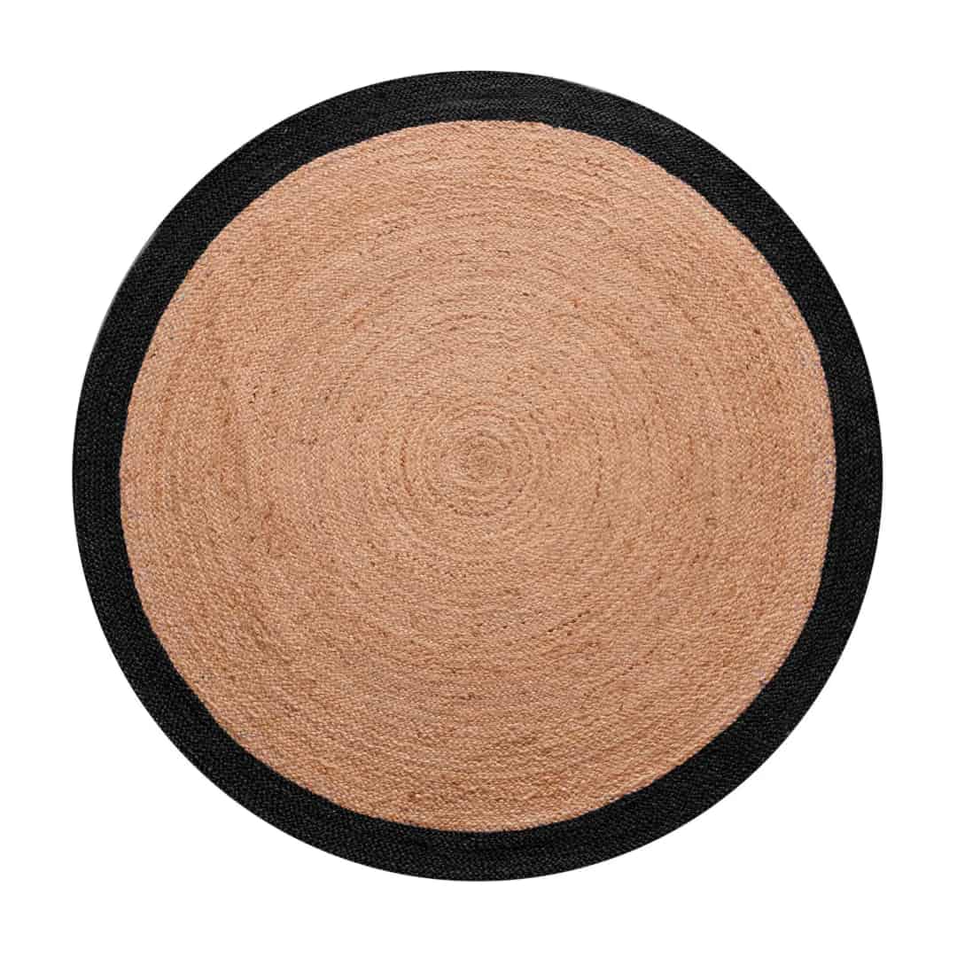 Traditional Indian Hand Braided Bohemian Round Jute Rug Beige with Multicolor Border  - Image 1