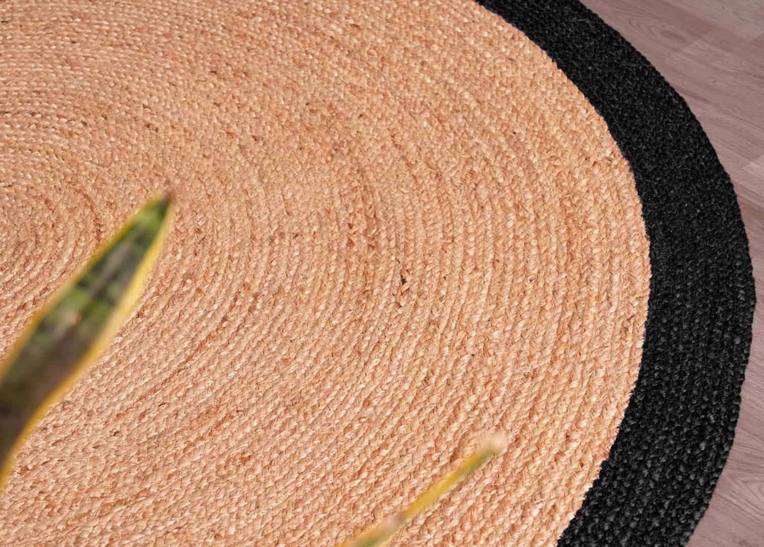 Traditional Indian Hand Braided Bohemian Round Jute Rug Beige with Multicolor Border  - Image 4