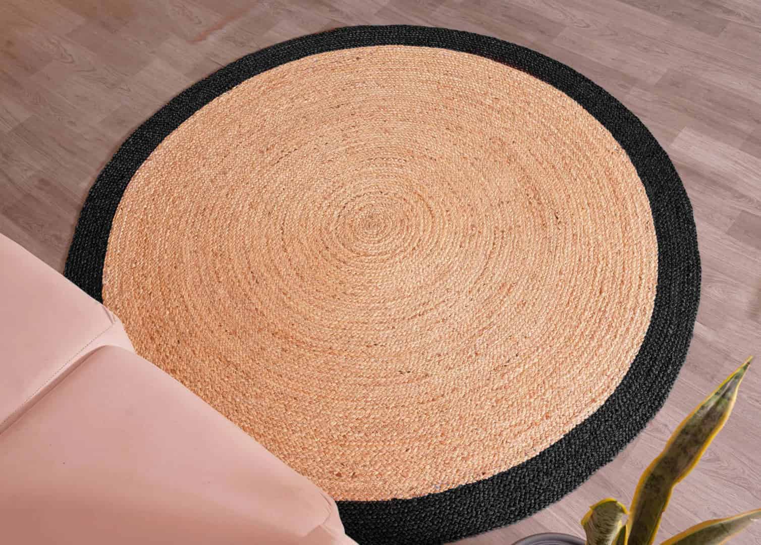 Traditional Indian Hand Braided Bohemian Round Jute Rug Beige with Multicolor Border  - Image 7